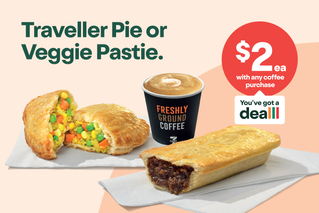 $2 each with any coffee purchase. Traveller Pie or Veggie Pastie.